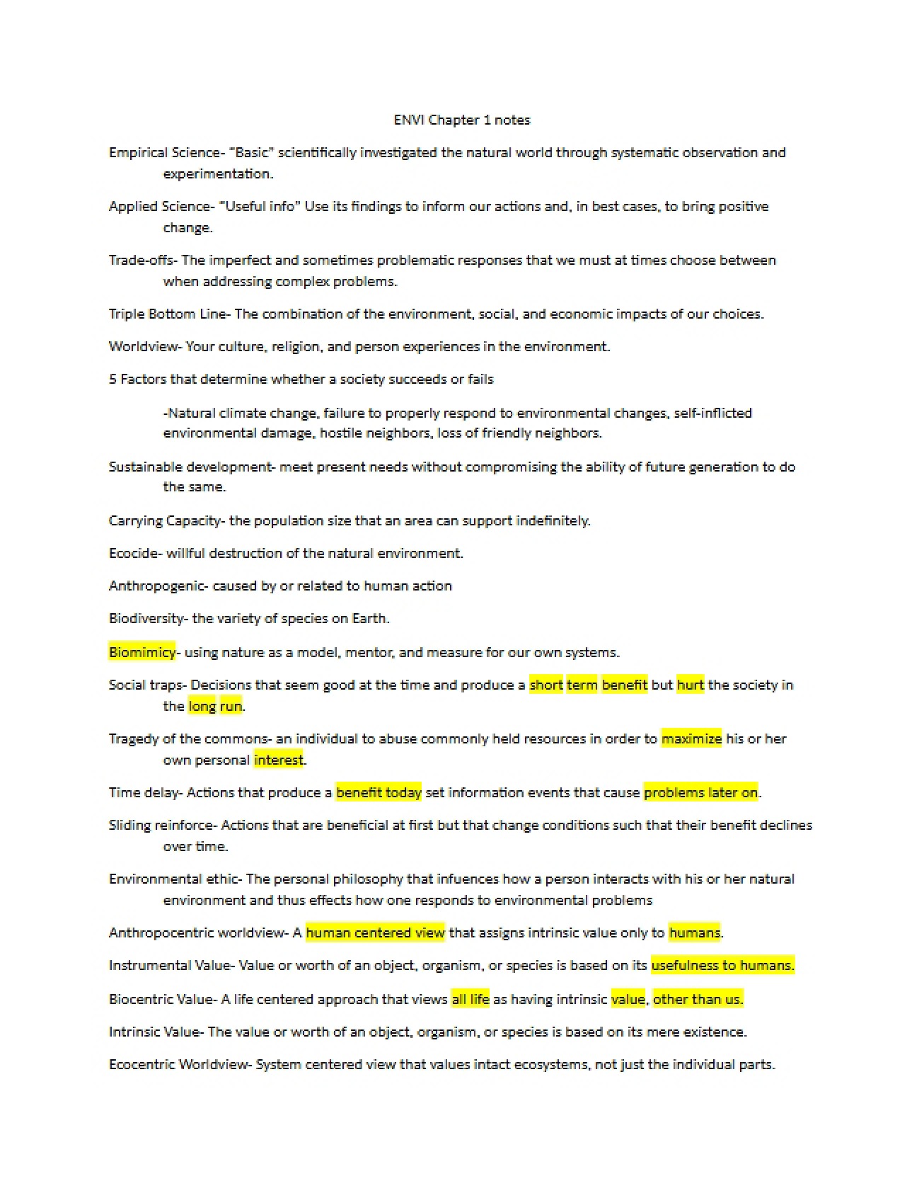 Chapter One Environmental Science Notes