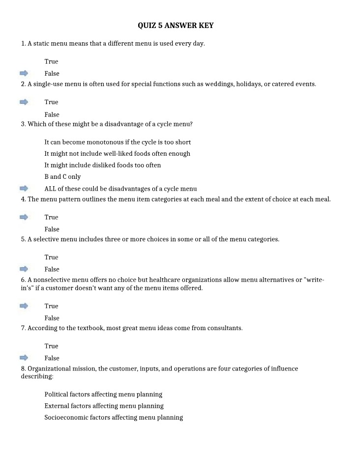 Answer Key for Quiz 5