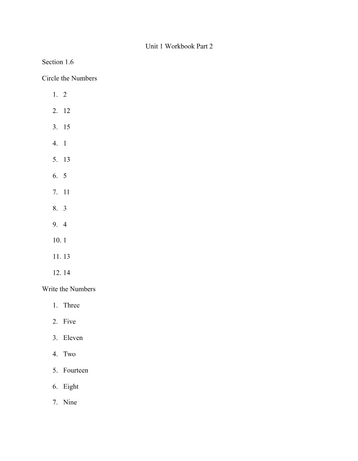 Part 2 Exercises for Unit 1 Workbook