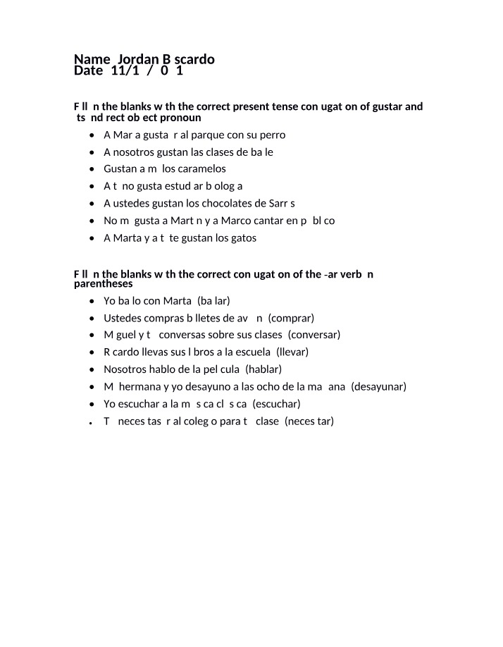 Gustar and AR Verbs Practice Exercises