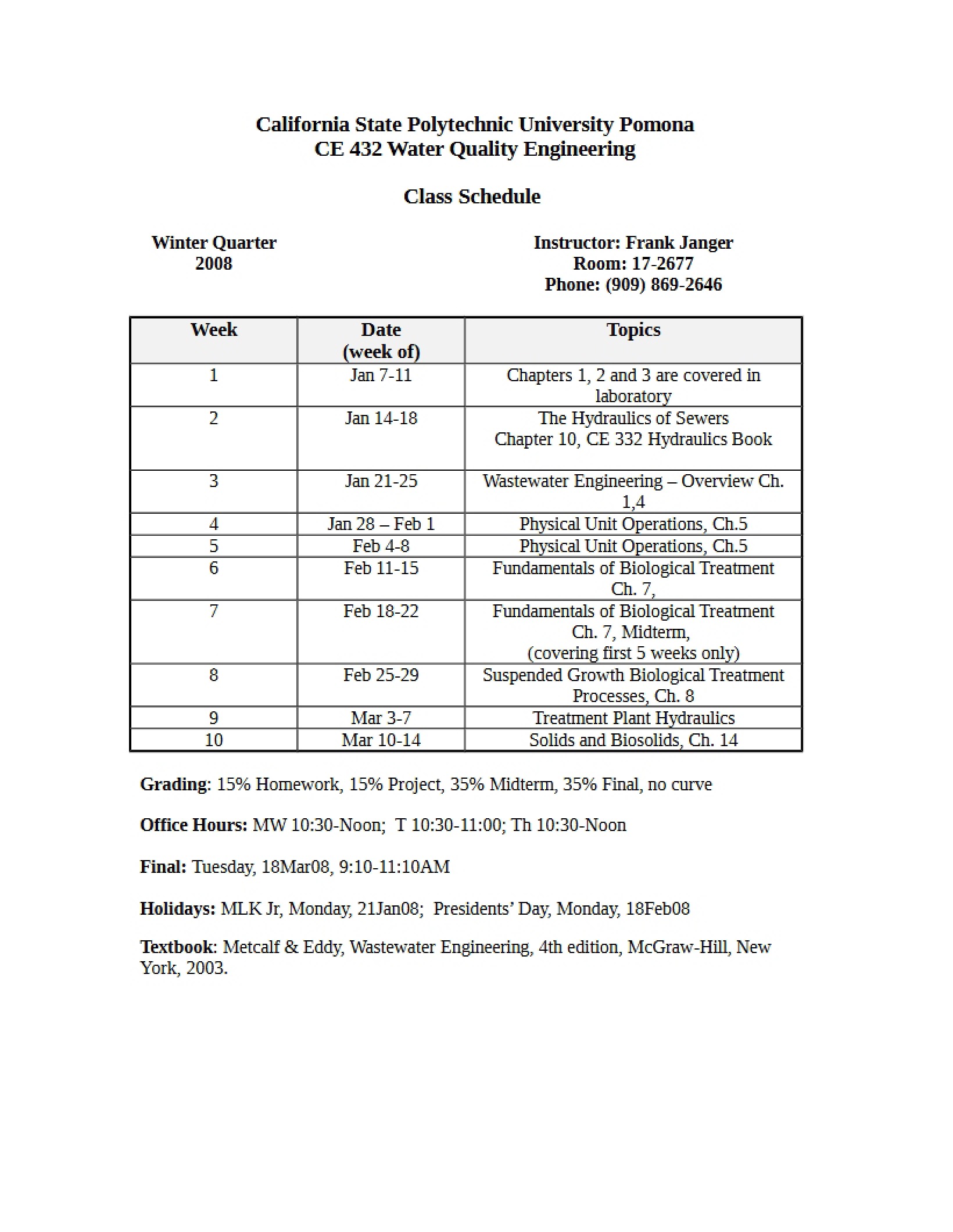 Wastewater Treatment Syllabus
