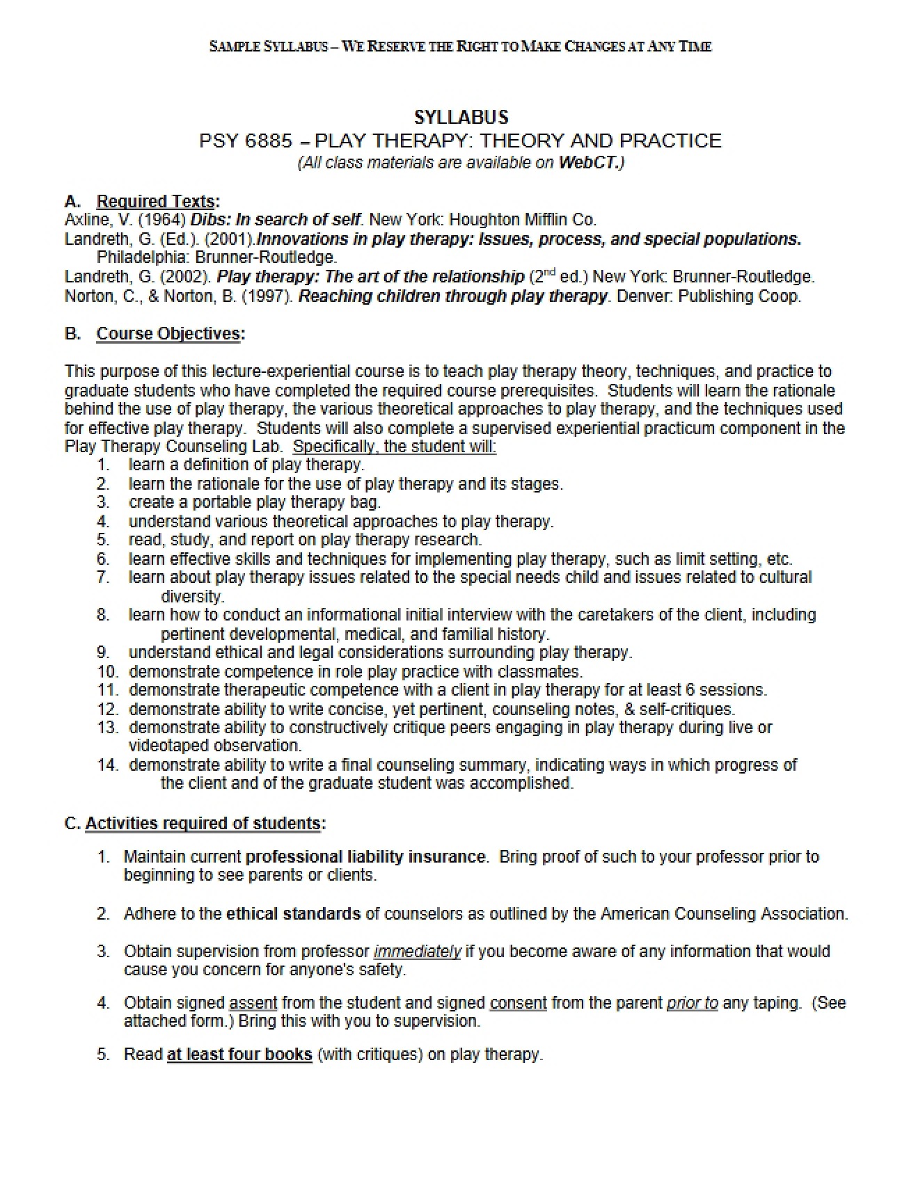 Play Therapy Syllabus