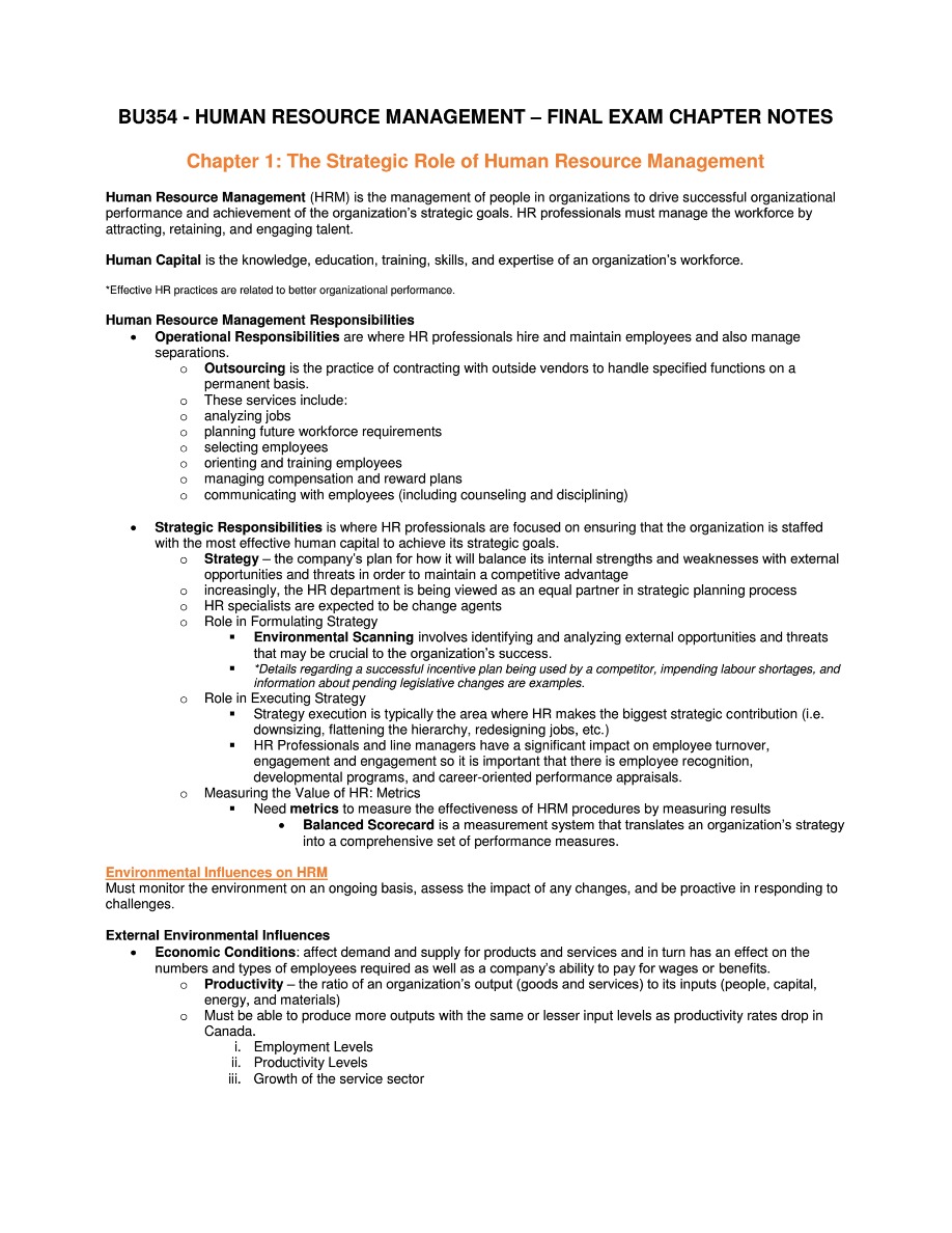 BU354 Human Resource Management - Final Exam Notes