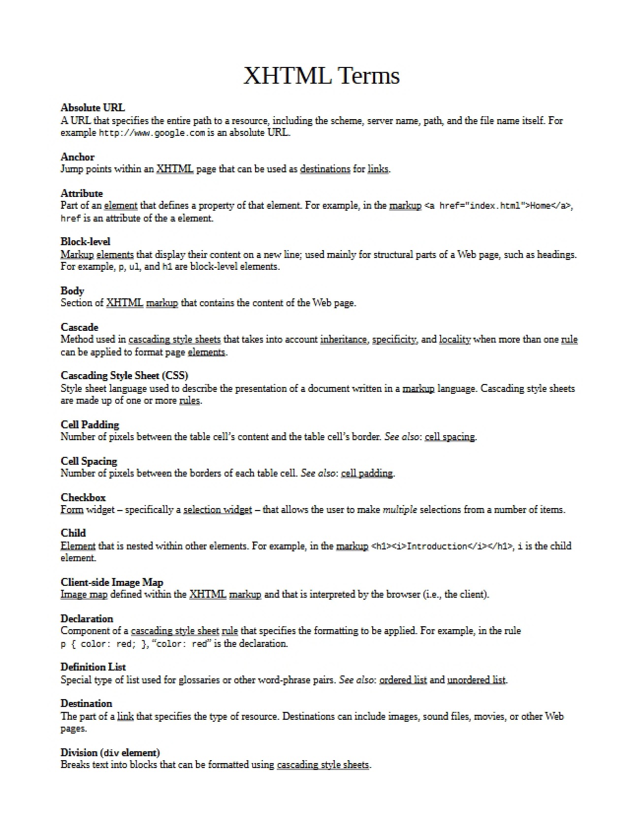 Terms Used in XHTML