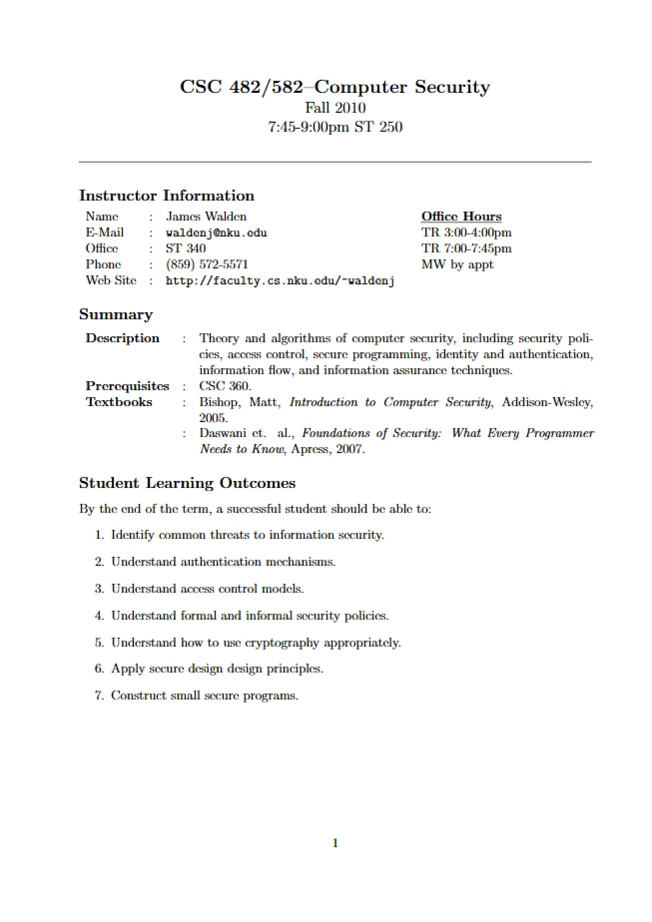Syllabus for Computer Security