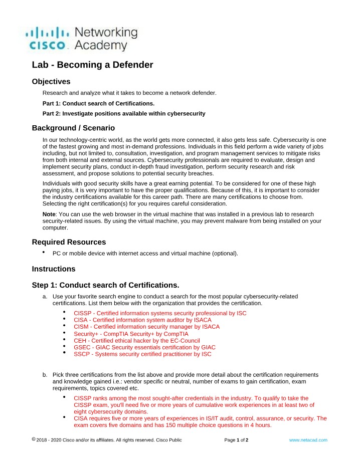Becoming a Defender - CS115 Lab