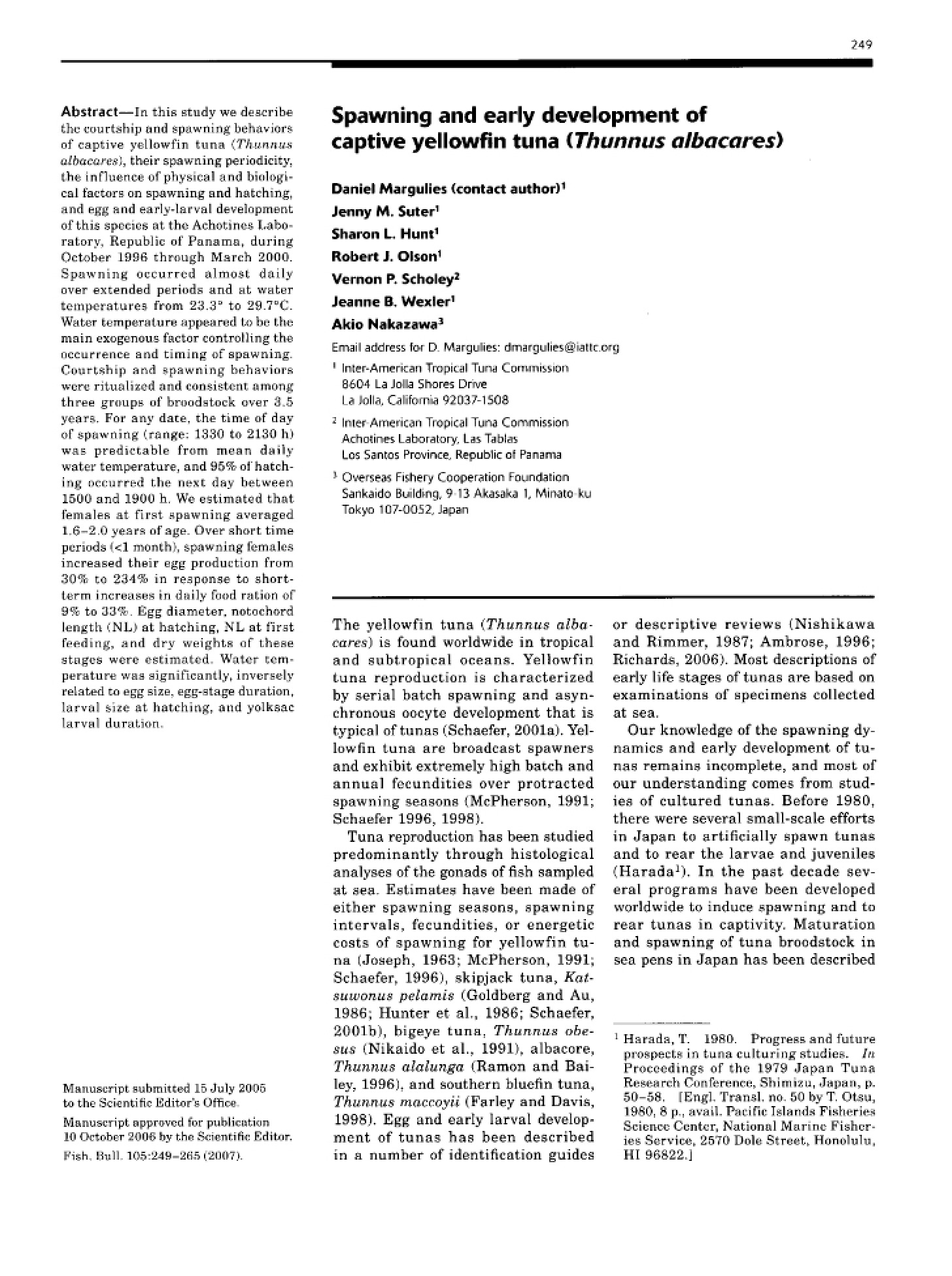 Captive Yellowfin Tuna Early Development and Spawning
