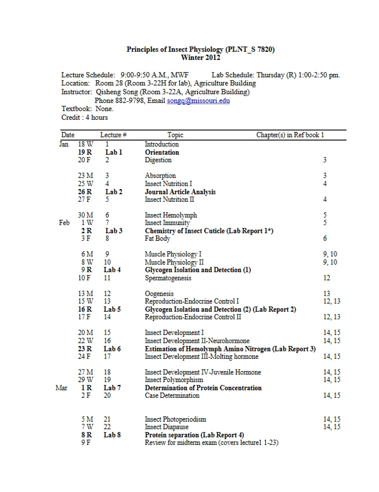 Insect Physiology Principles Syllabus