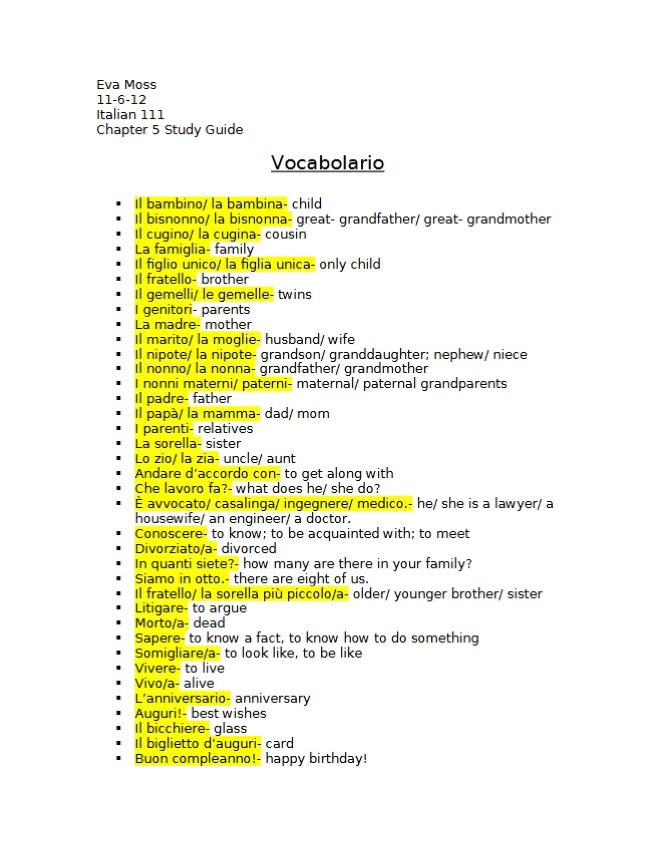 Fifth Chapter Study Guide for Elementary Italian