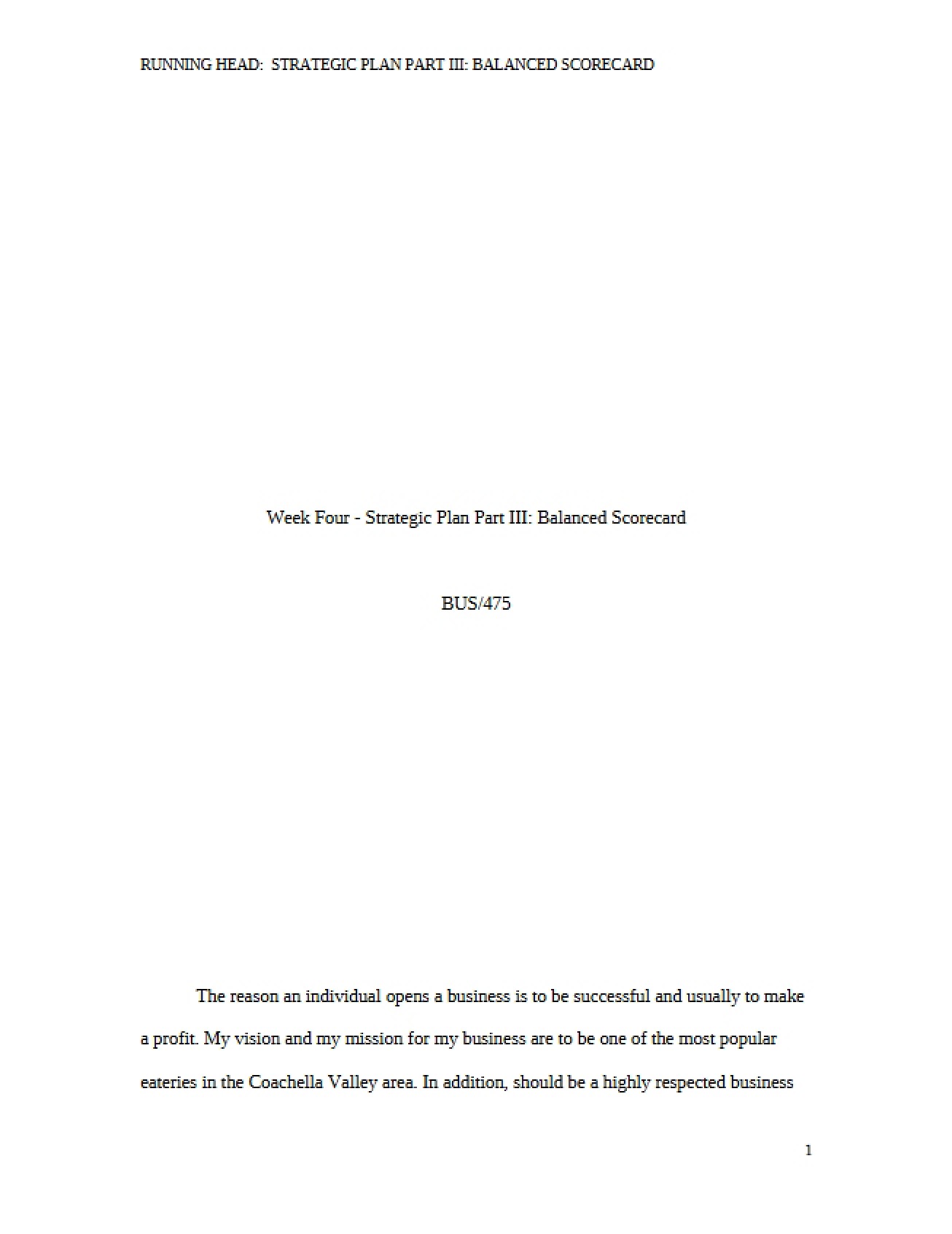 Strategic Plan Part III The Balanced Scorecard (Week Four)