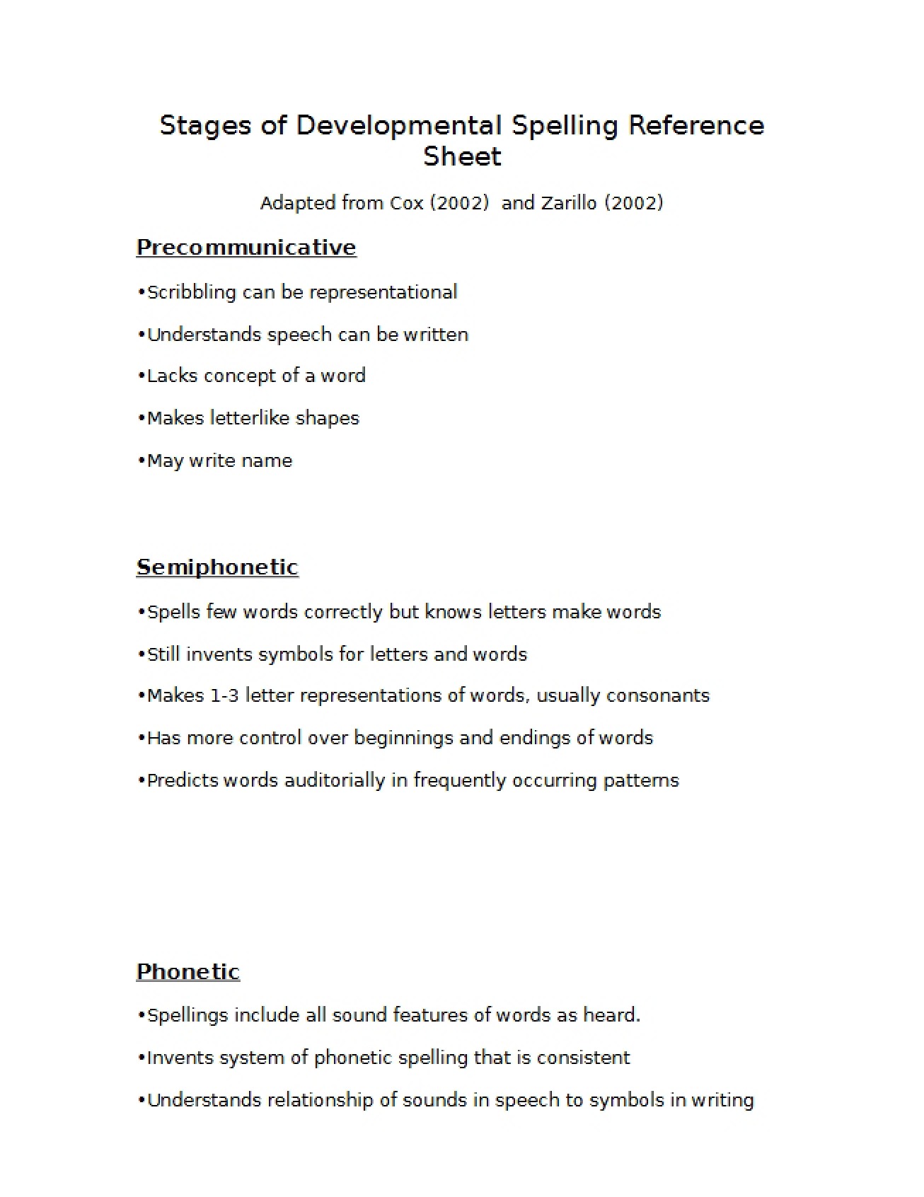 Reference for Developmental Spelling Stages