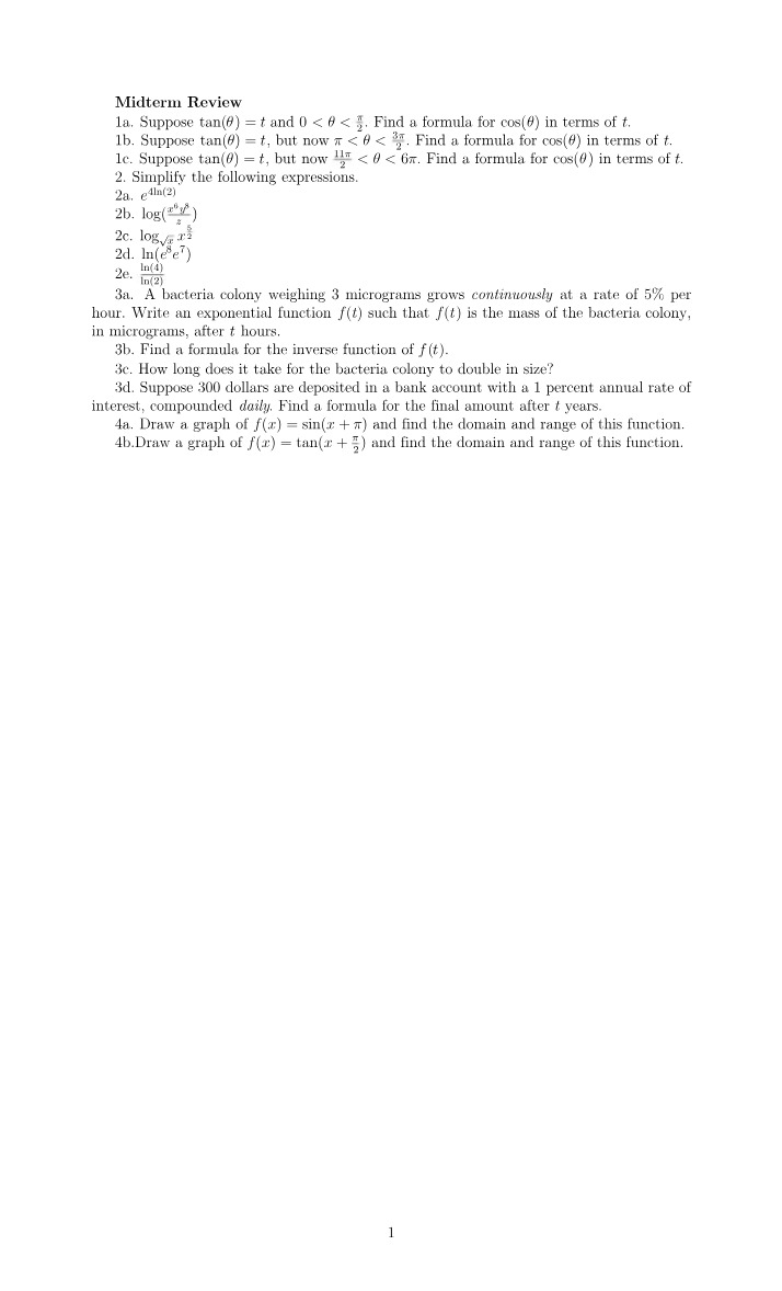Midterm Review - Trigonometric Formulas and Exponential Functions