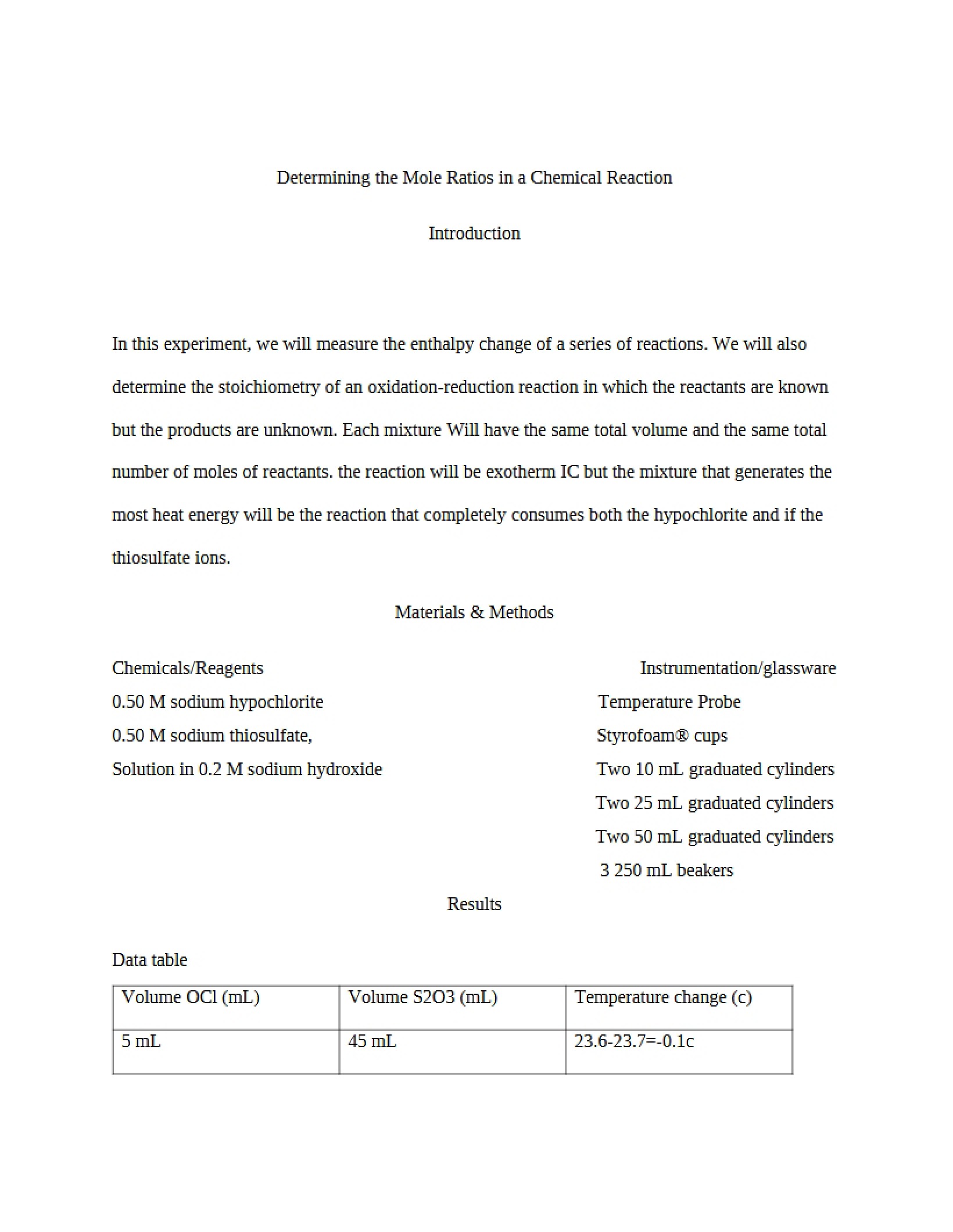 Mole Ratio Determination in Reactions