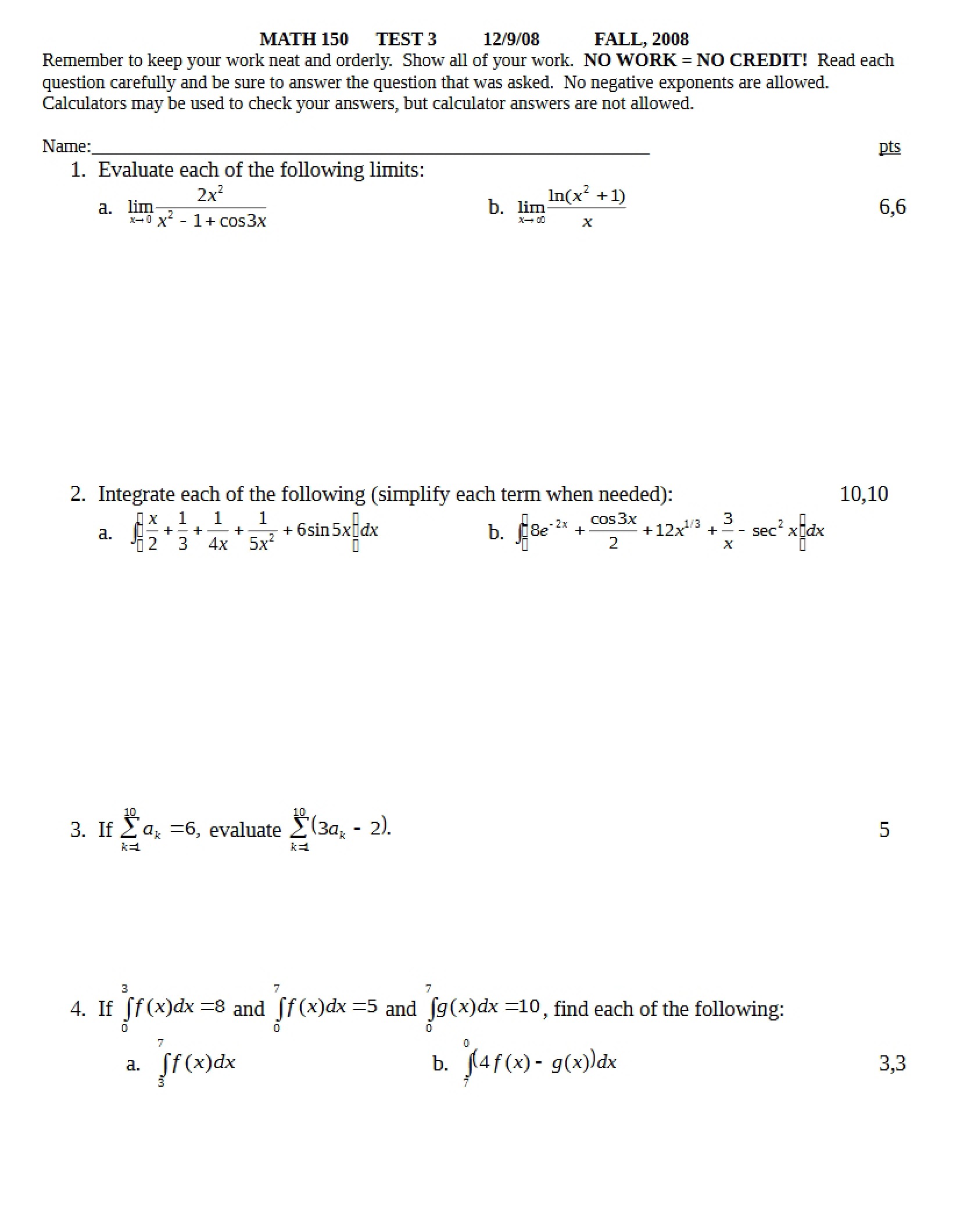 Third Test Math 150