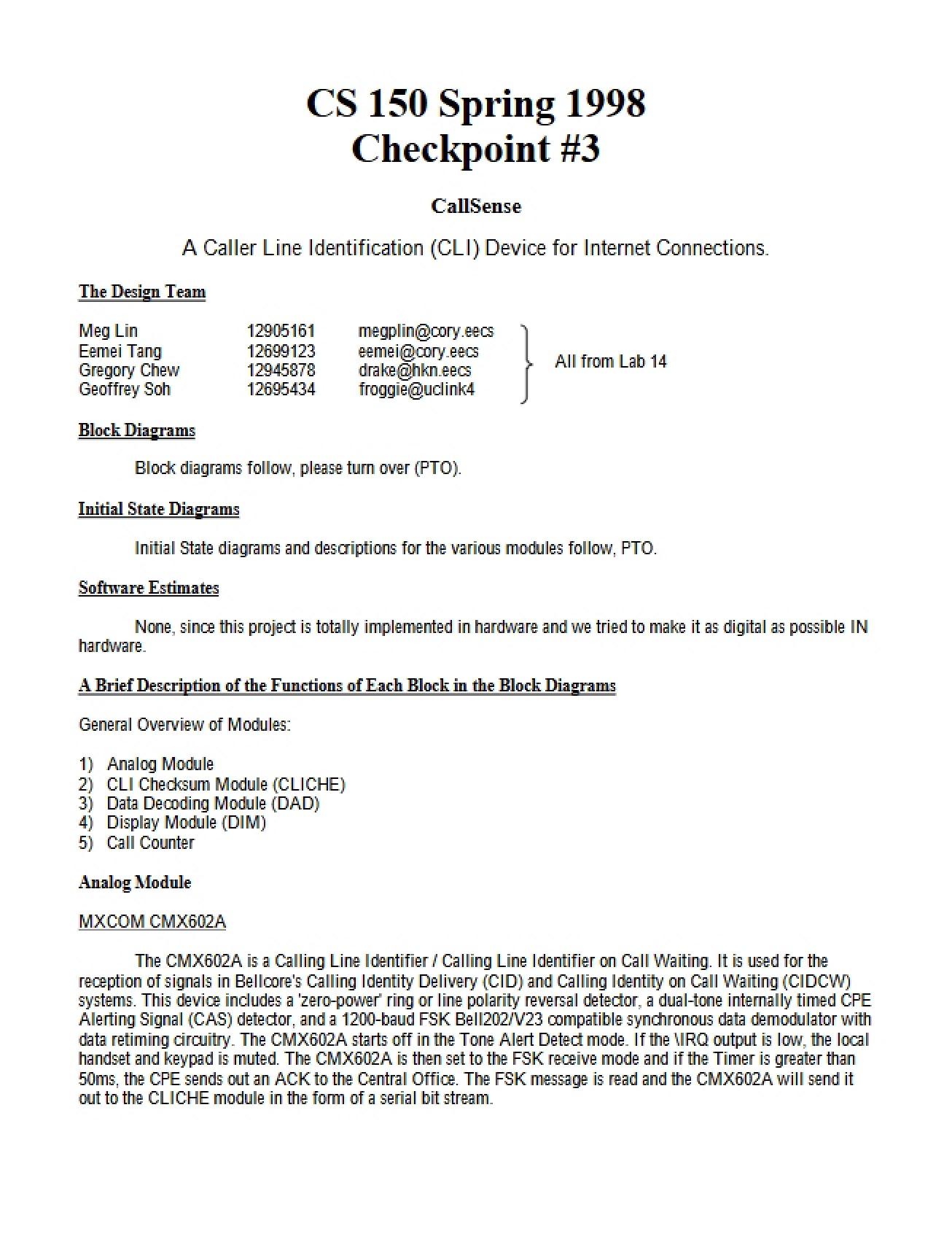 CS 150 Status Checkpoint