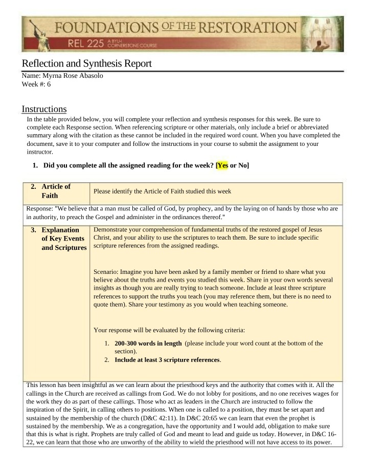 Reflection and Synthesis Report G