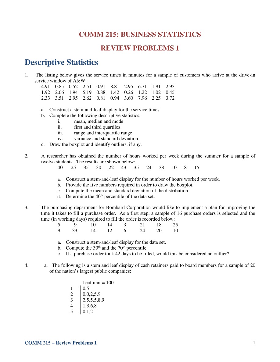 Review Problems 1 for COMM 215