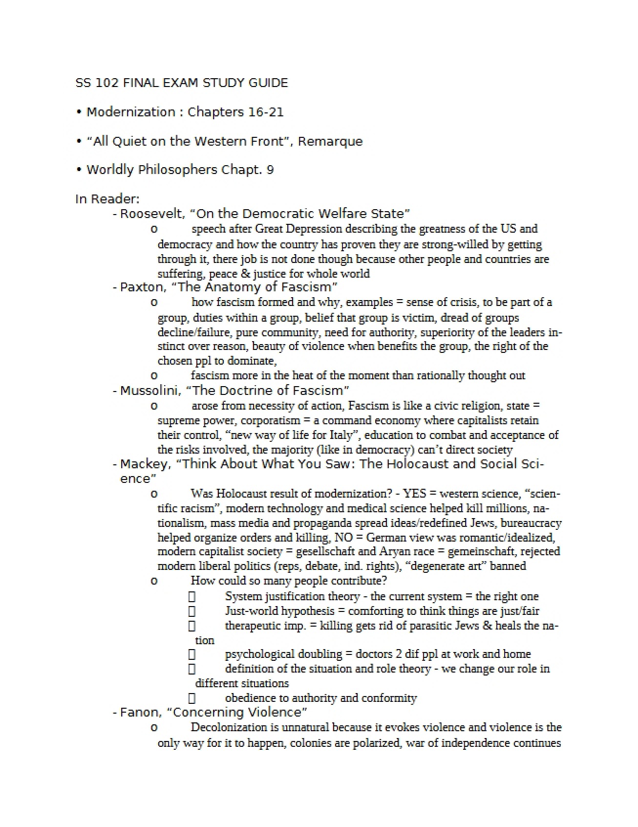 Final Exam Study Guide for the Modern Western World
