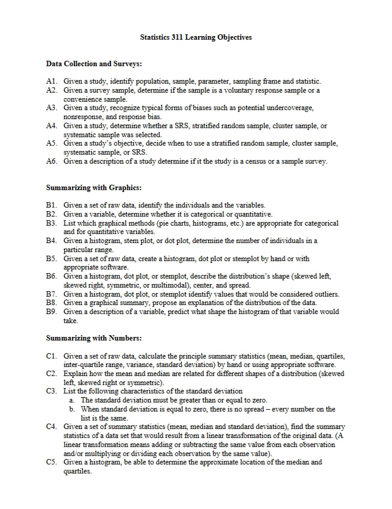 Learning Objectives for ST 311