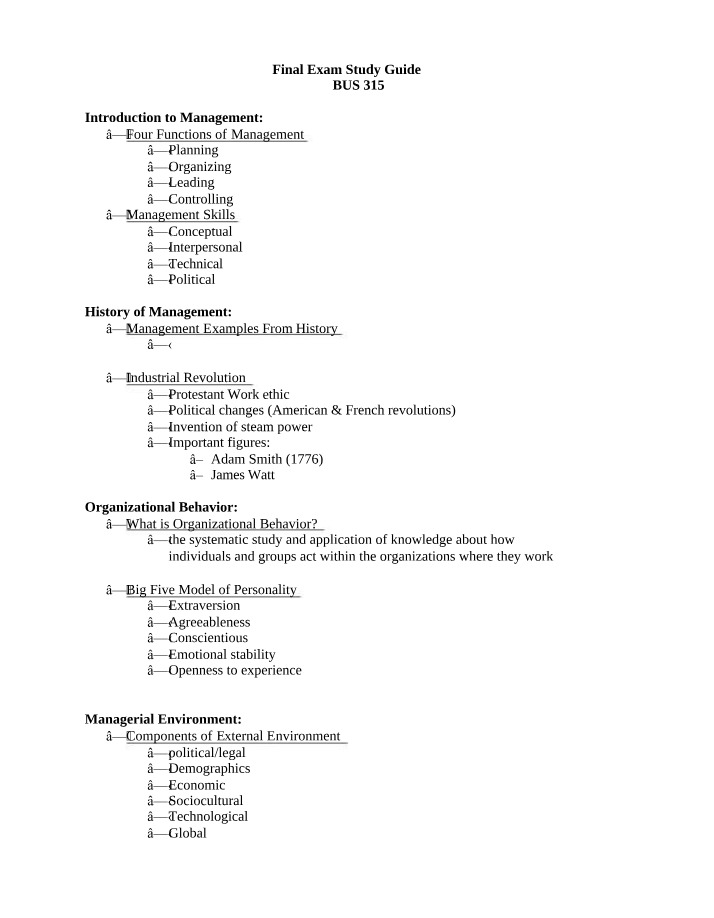 Introduction to Management & Organizational Behavior Study Guide