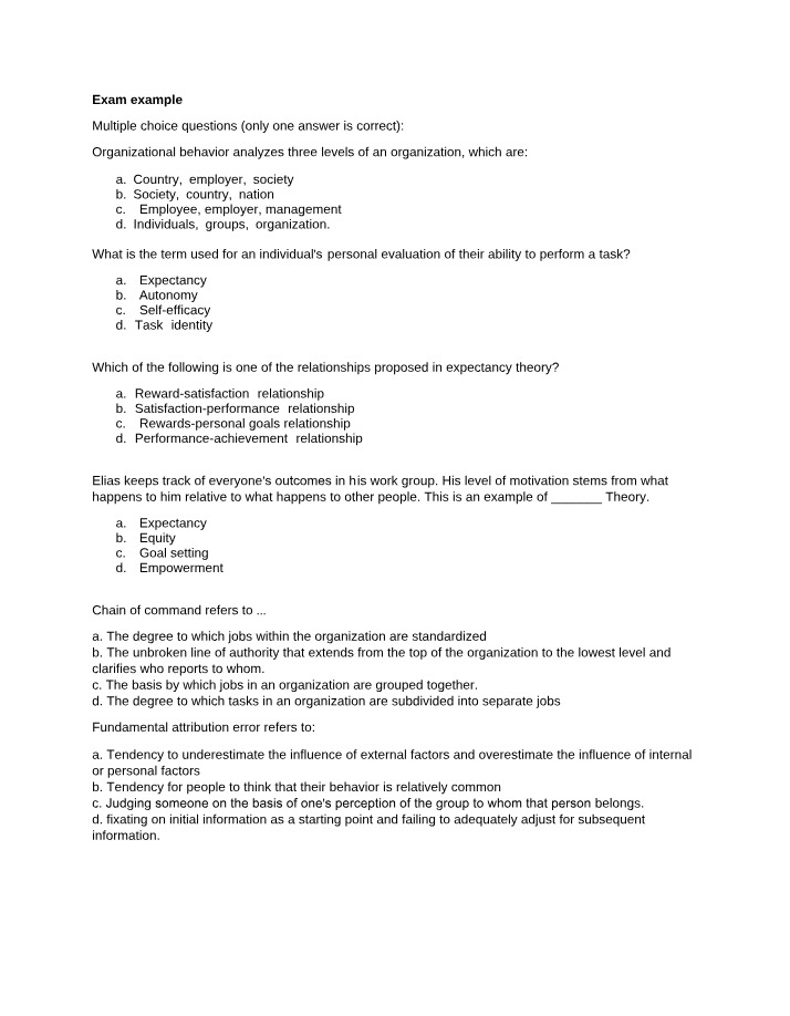 Exam Example for Introduction to Business