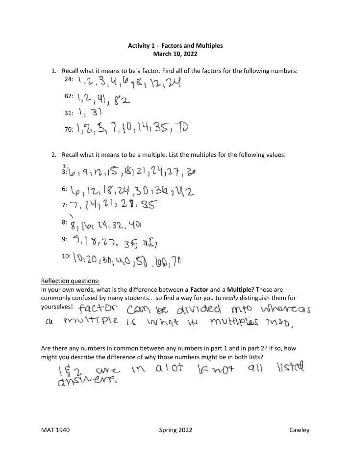 Factors and Multiples - Activity 1