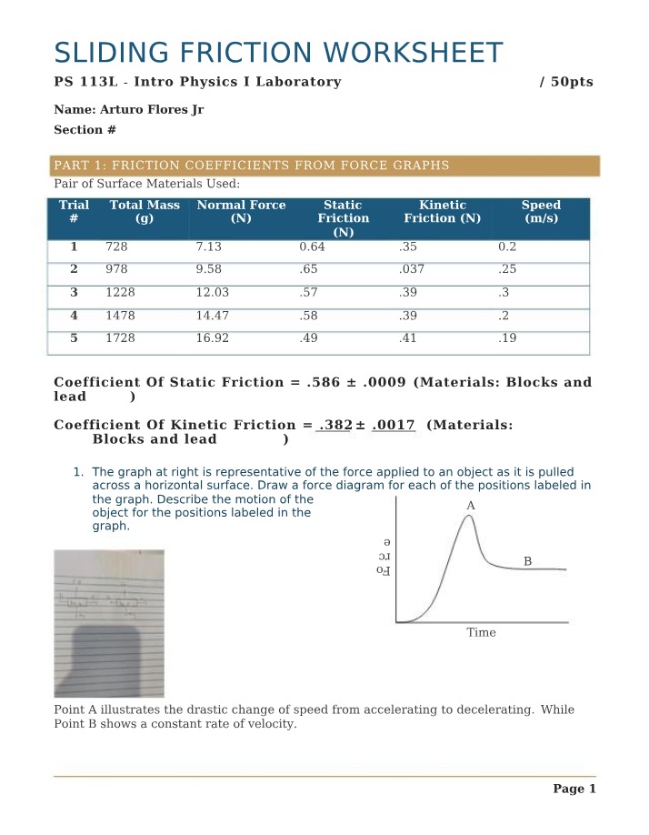 Sliding Friction Worksheet Part B