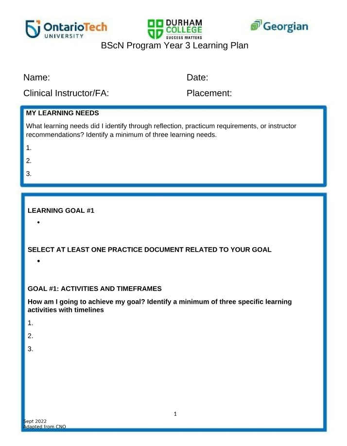 Year 3 Learning Plan for BScN Program