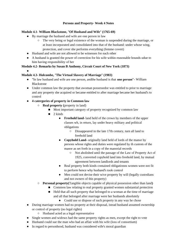 Week 4 Notes - Persons and Property