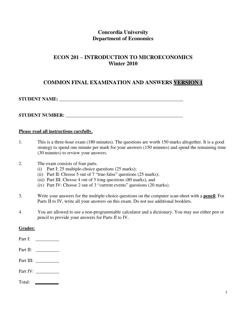 Winter 2010 Final Exam - Econ 201