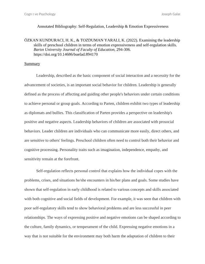 Leadership and Self-Regulation in Preschool Children