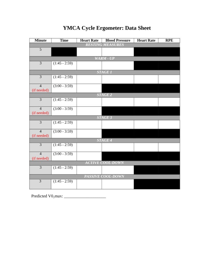 YMCA Cycle Ergometer - VO2max Calculations and Data Sheet
