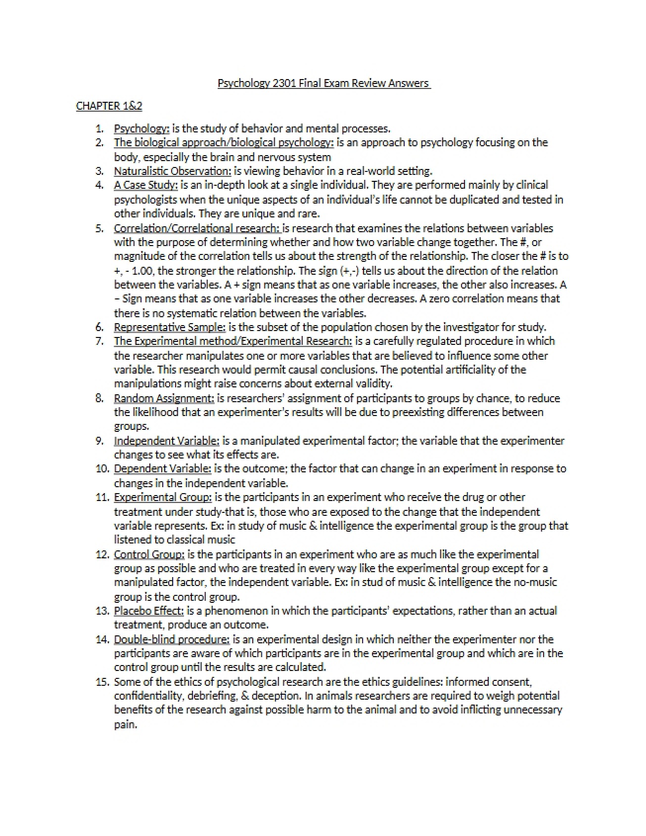 Answers for Final Exam Review in Psychology