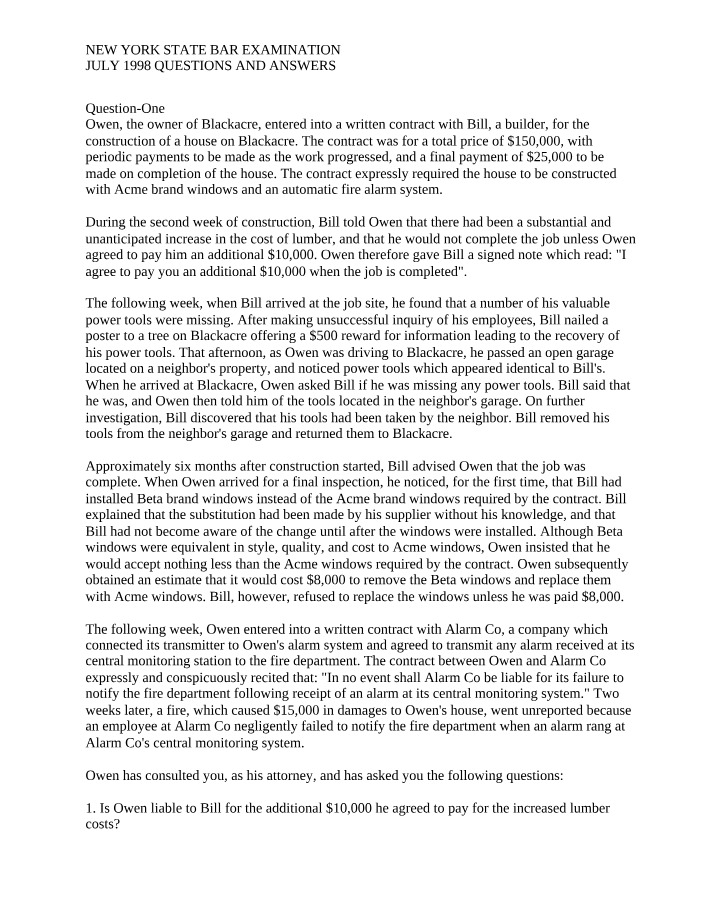 July 1998 New York State Bar Examination Q&A