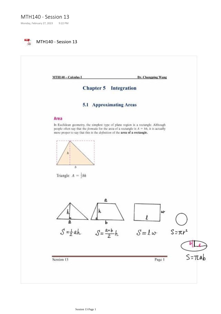 Study Notes for MTH140 Session 13