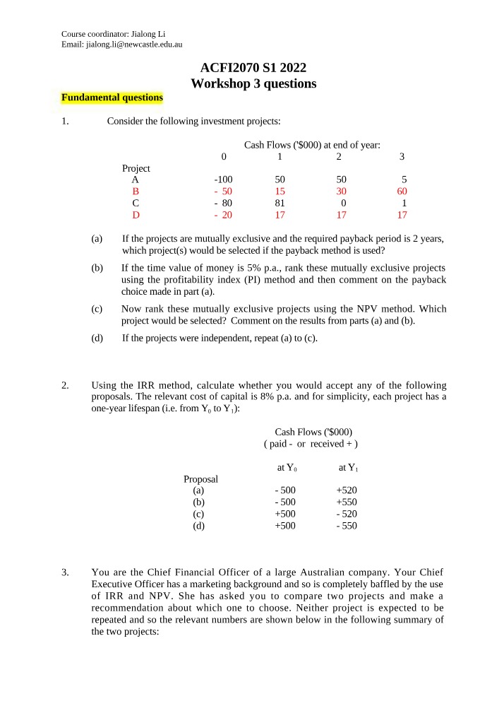 Workshop 3 Questions - Payback and Profitability Index