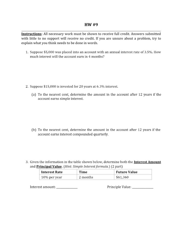 Homework 9 - Interest and Annuity Calculations