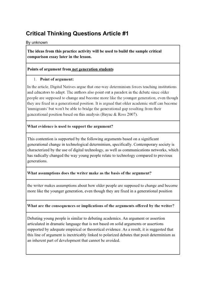 Critical Thinking Questions - Articles 1 and 2
