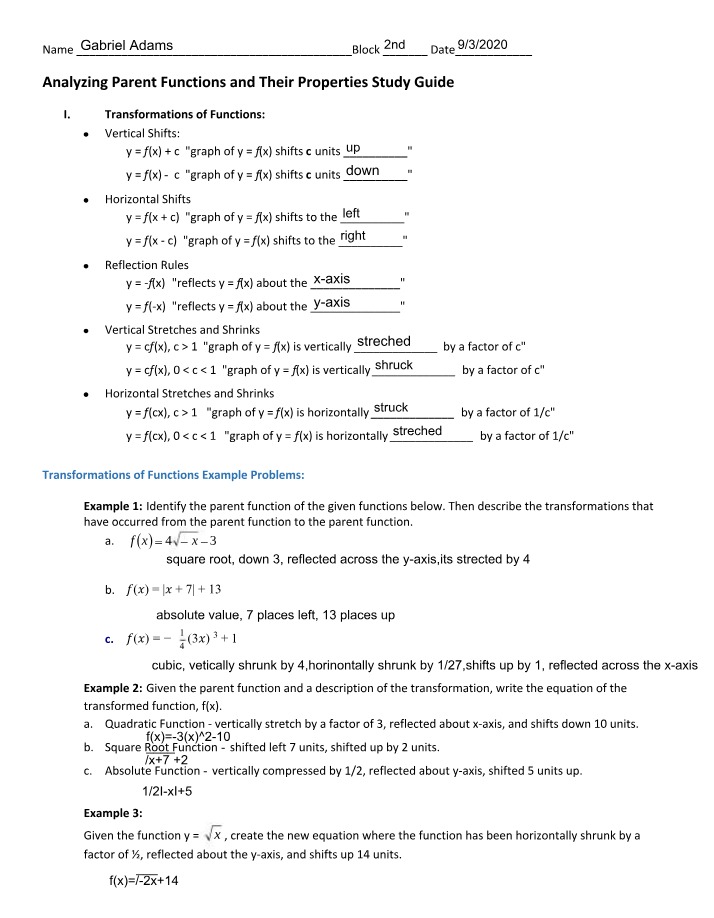 Study Guide - Parent Functions and Their Properties