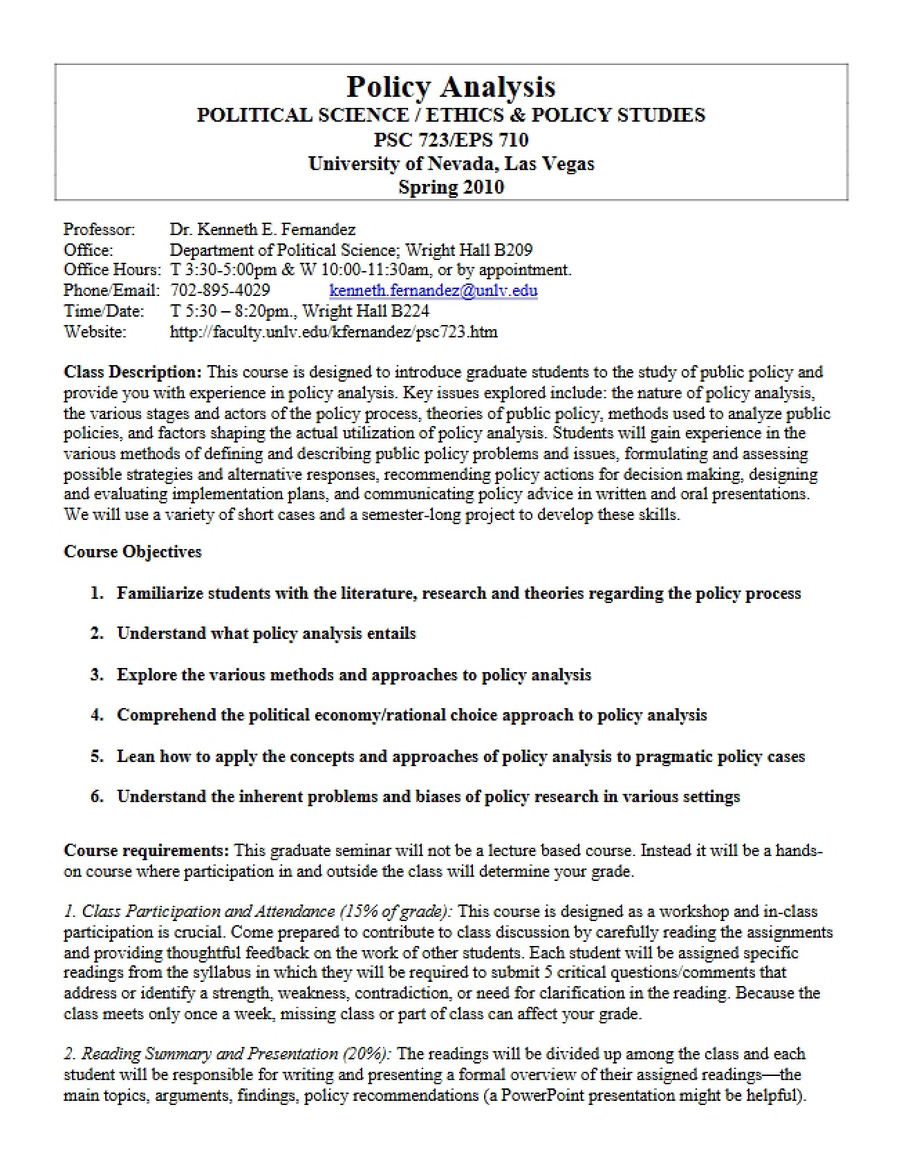 Syllabus for Policy Analysis Seminar