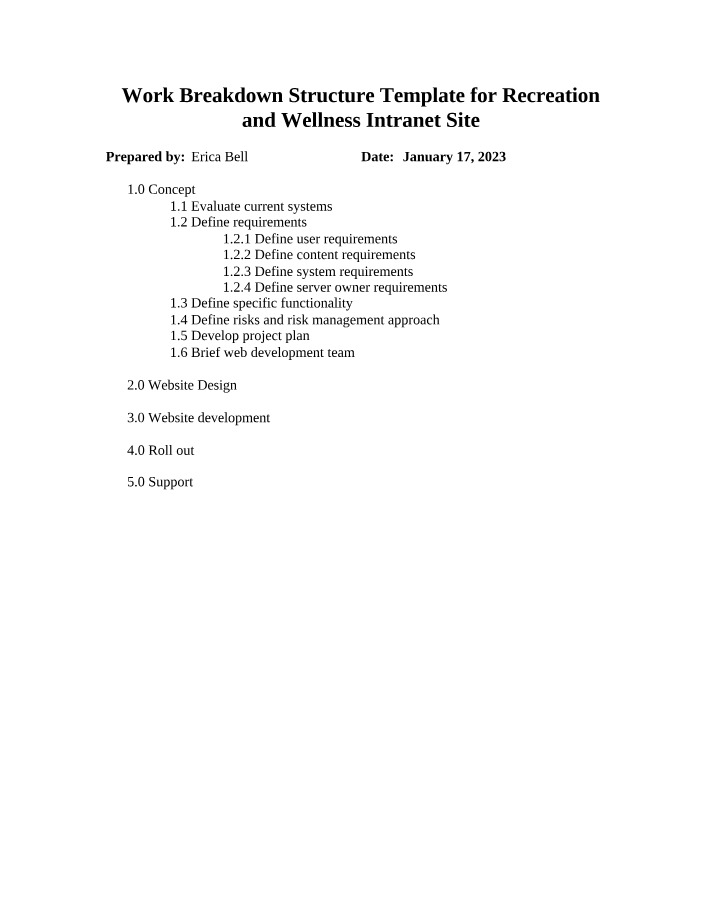 Work Breakdown Structure Template for Recreation