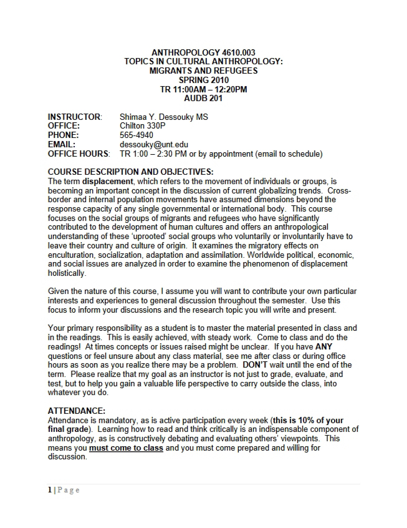 Spring 2010 Topics in Sociocultural Anthropology