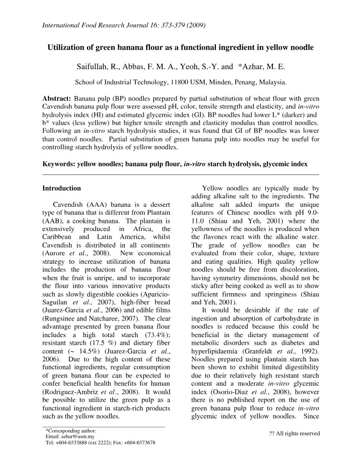 Green Banana Flour Utilization as a Functional Ingredient in Yellow Noodle