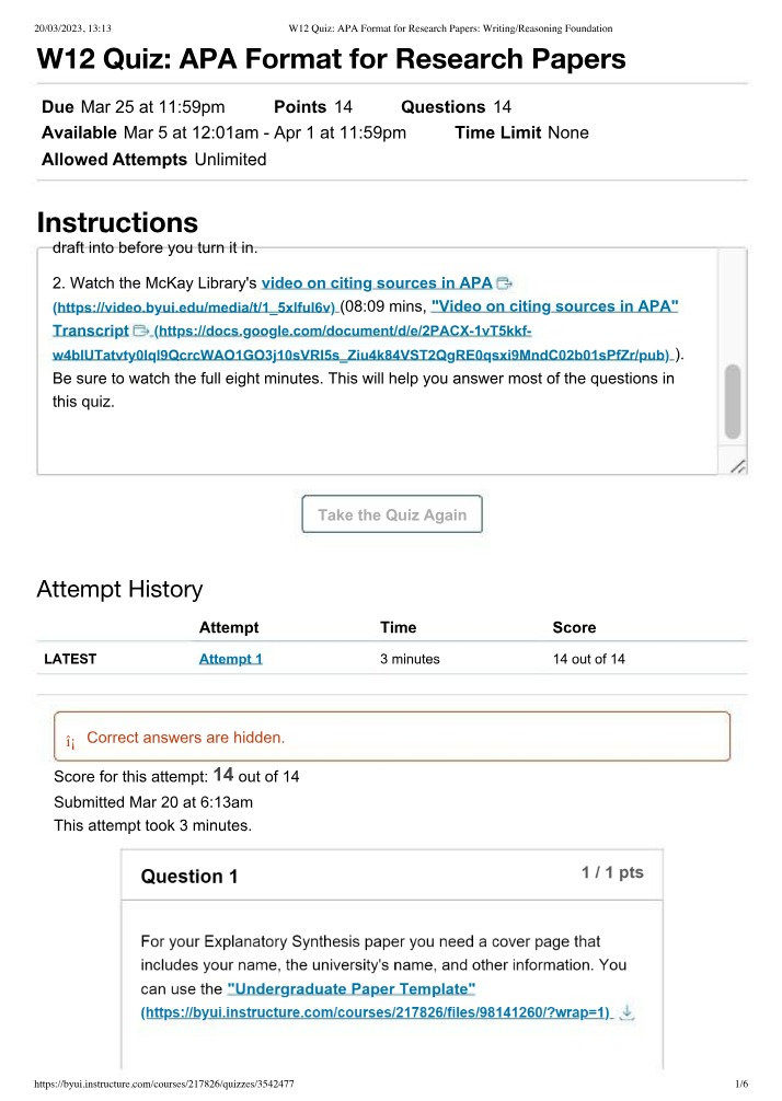 W12 Quiz - APA Format for Research Papers
