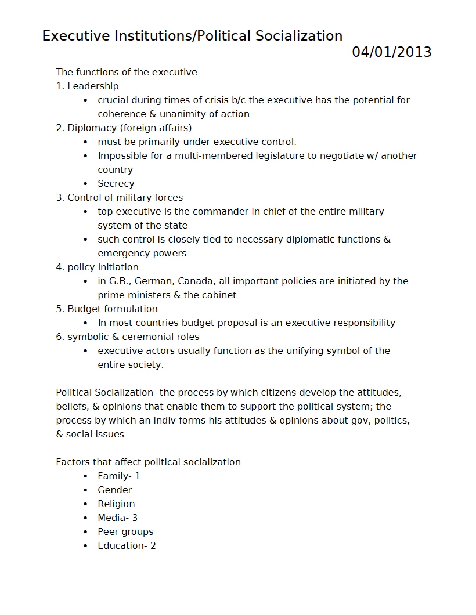 Political Socialization and Executive Institutions