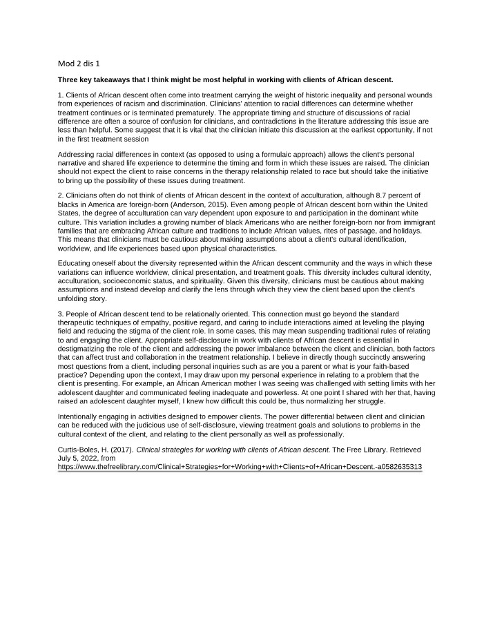 Working with Clients of African Descent - Clinical Strategies