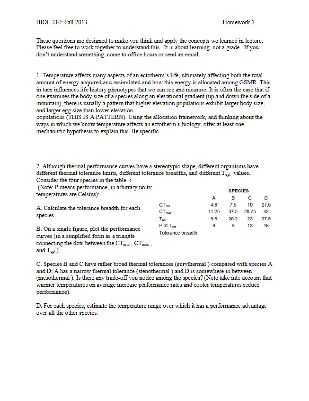 First Homework from Fall 2013 for Genes, Ecology, and Evolution