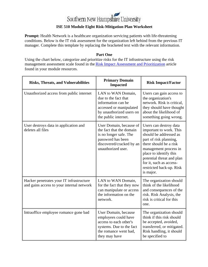 Health Network Risk-Mitigation Plan - Prioritizing IT Risks