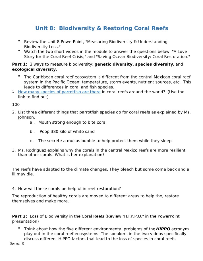 Unit 8 - Biodiversity and Restoring Coral Reefs