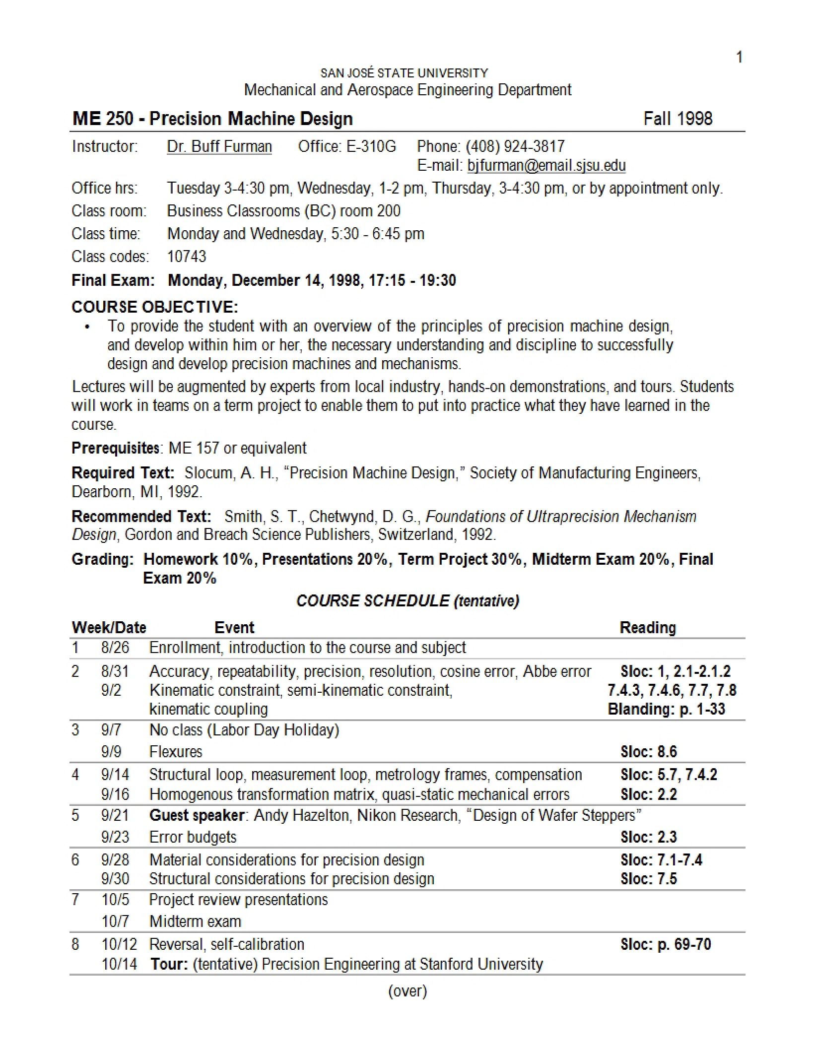 ME250 Syllabus (F98)